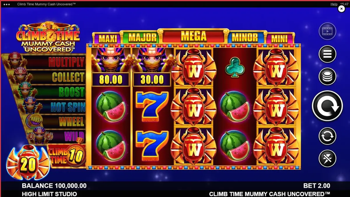 Tampilan visual slot Climb Time Mummy Cash Uncovered dengan latar belakang malam Mesir yang modern.