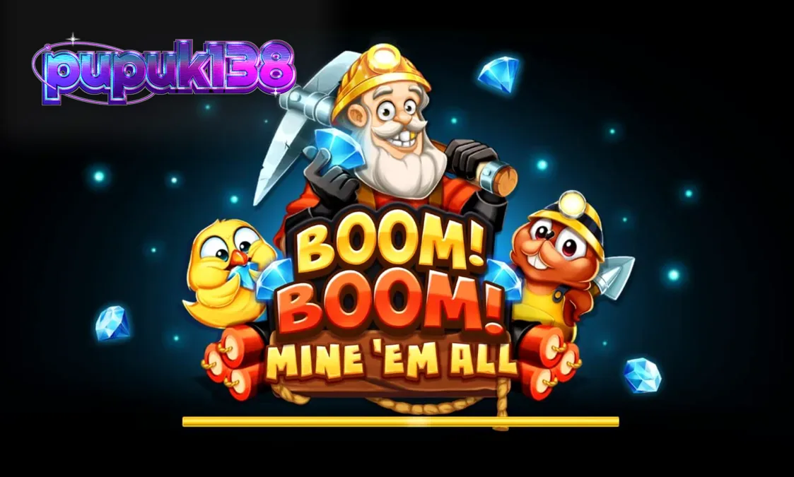 Tampilan visual slot Boom! Boom! Mine ‘Em All dengan latar belakang terowongan tambang yang gelap dan simbol-simbol eksplosif.